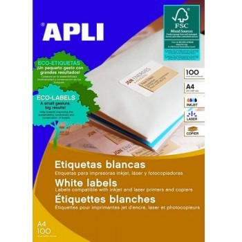 ETIQUETAS ADHESIVAS MULTIFUNCIÓN A4 105X148 MM. 100 HOJAS CANTOS RECTOS APLI