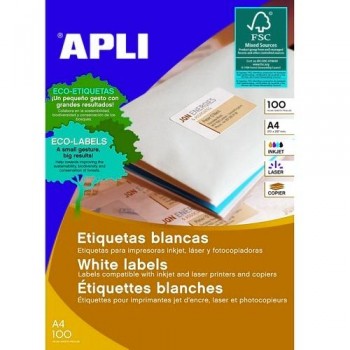 ETIQUETAS ADHESIVAS MULTIFUNCIÓN A4 38X21,2 MM. 100 HOJAS CANTOS RECTOS APLI