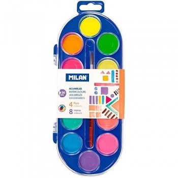 Acuarela 12 pastillas  30 mm colores fluor y metal con pincel Milan