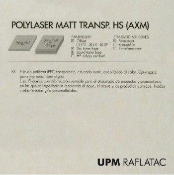 PAQUETE 250 HOJAS POLIESTER TRANSPARENTE ADHESIVO MATE 56G SIN CORTES