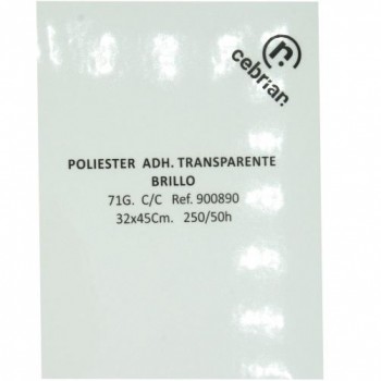 PAQUETE 100 HOJAS POLIESTER TRANSPARENTE ADHESIVO BRILLO 32X45 71G CON CORTES
