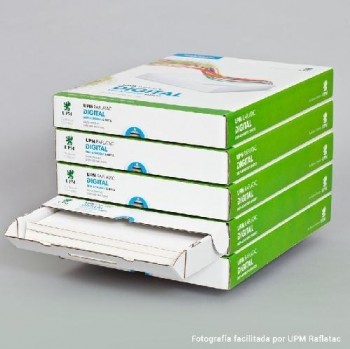 PAQUETE 100 HOJAS POLIESTER BLANCO ADHESIVO BRILLO 32X45 72G CON CORTES