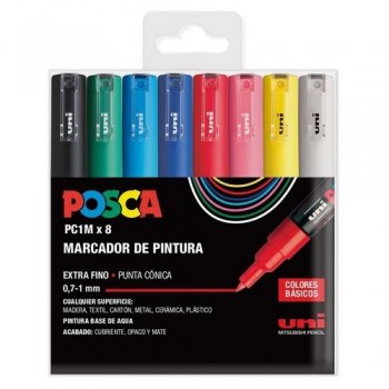 ESTUCHE UNI POSCA 8 MARCADORES 0,7MM  BASE AGUA COLORES BASICOS