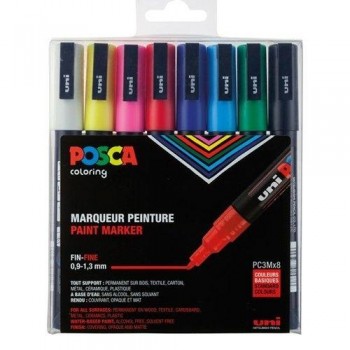 ESTUCHE UNI POSCA 8 MARCADORES 0,9 - 1,3MM  BASE AGUA COLORES BASICOS
