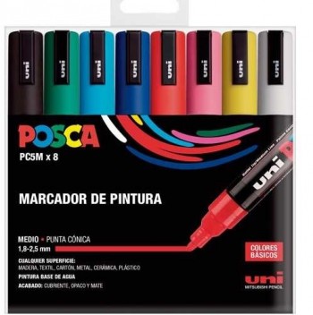 ESTUCHE UNI POSCA 8 MARCADORES 1,8 - 2,5MM  BASE AGUA COLORES BASICOS