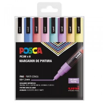 ESTUCHE UNI POSCA 8 MARCADORES 0,9 - 1,3MM  BASE AGUA COLORES PASTEL