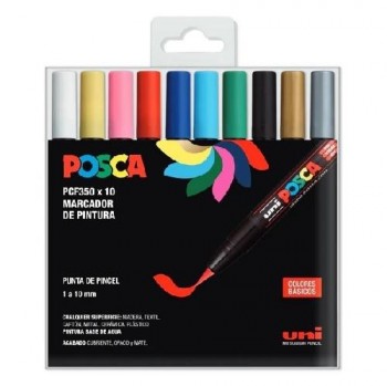 ESTUCHE UNI POSCA 10 MARCADORES PINCEL  1 - 10MM  BASE AGUA COLORES BASICOS