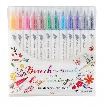 Estuche 12 rotuladores Pentel Brush Sign Pen Twin 2 Puntas pincel flexibles